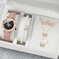 Women's Watch with Rhinestone Butterfly Dial, Leather Bracelet, Quartz Watches, Jewelry Set Without Box, Fashion, 6pcs Qme Pink