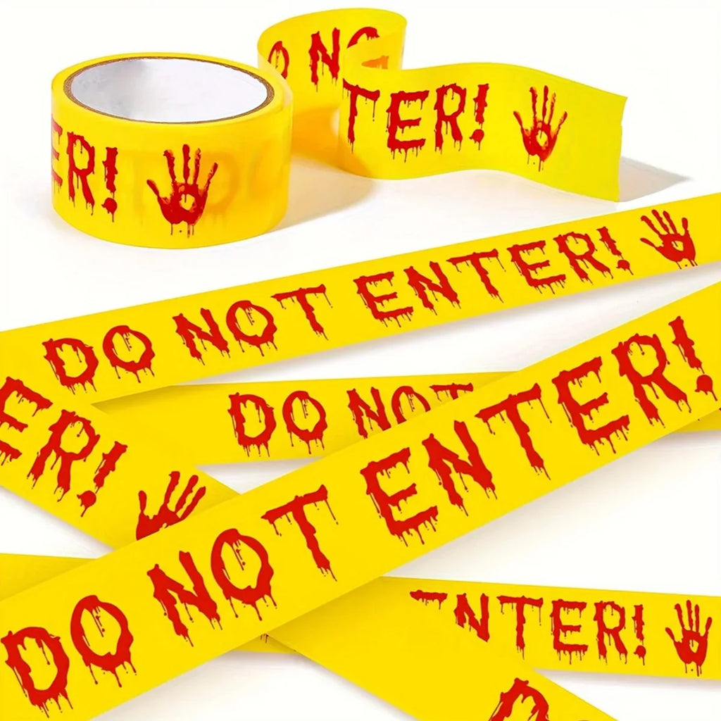 Halloween Caution Tape with Bloody Handprints - 82ft Plastic Warning Ribbon for Horror Theme Party Decoration, Barrier Qme Yellow 25m 4.8cm