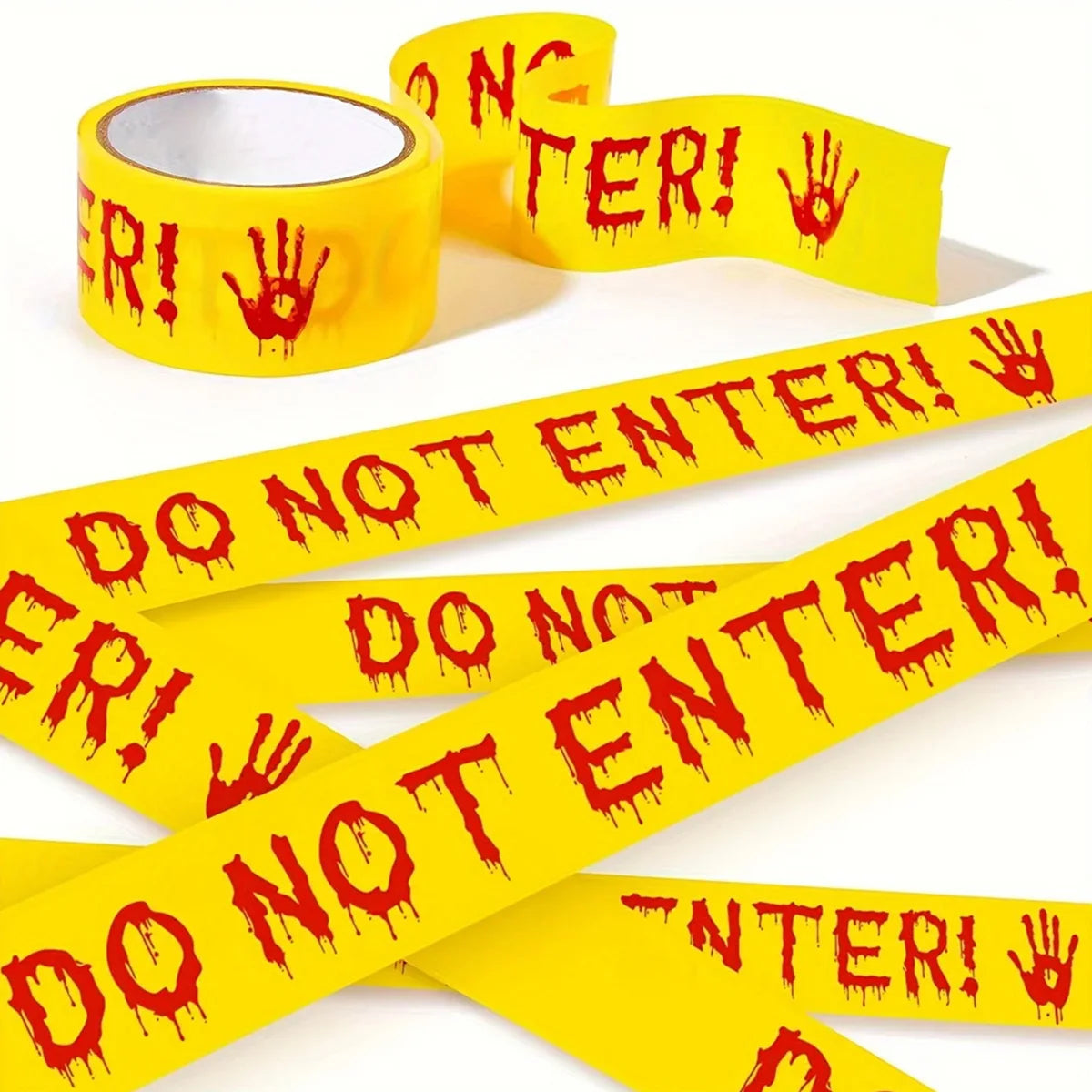 Halloween Caution Tape with Bloody Handprints - 82ft Plastic Warning Ribbon for Horror Theme Party Decoration, Barrier Qme Yellow 25m 4.8cm