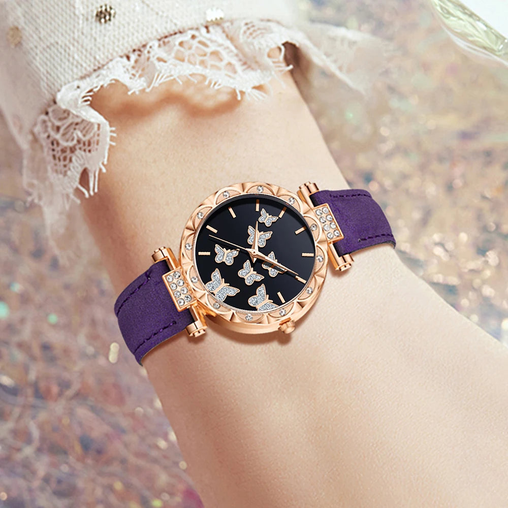 Rose Gold Ladies Purple Leather Watch Set Black Butterfly Glitter Dial Full Matching Purple Butterfly Pearl Jewelry Qme