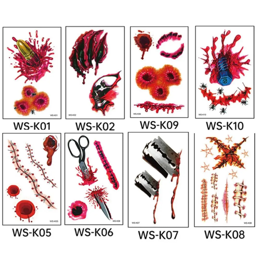A 10pcs Waterproof Halloween Tattoo Stickers Bleeding Wound Scar Temporary Tattoos for Women Men Fake Tattoo For Halloween Party Qme 8pcs WS-K01K07