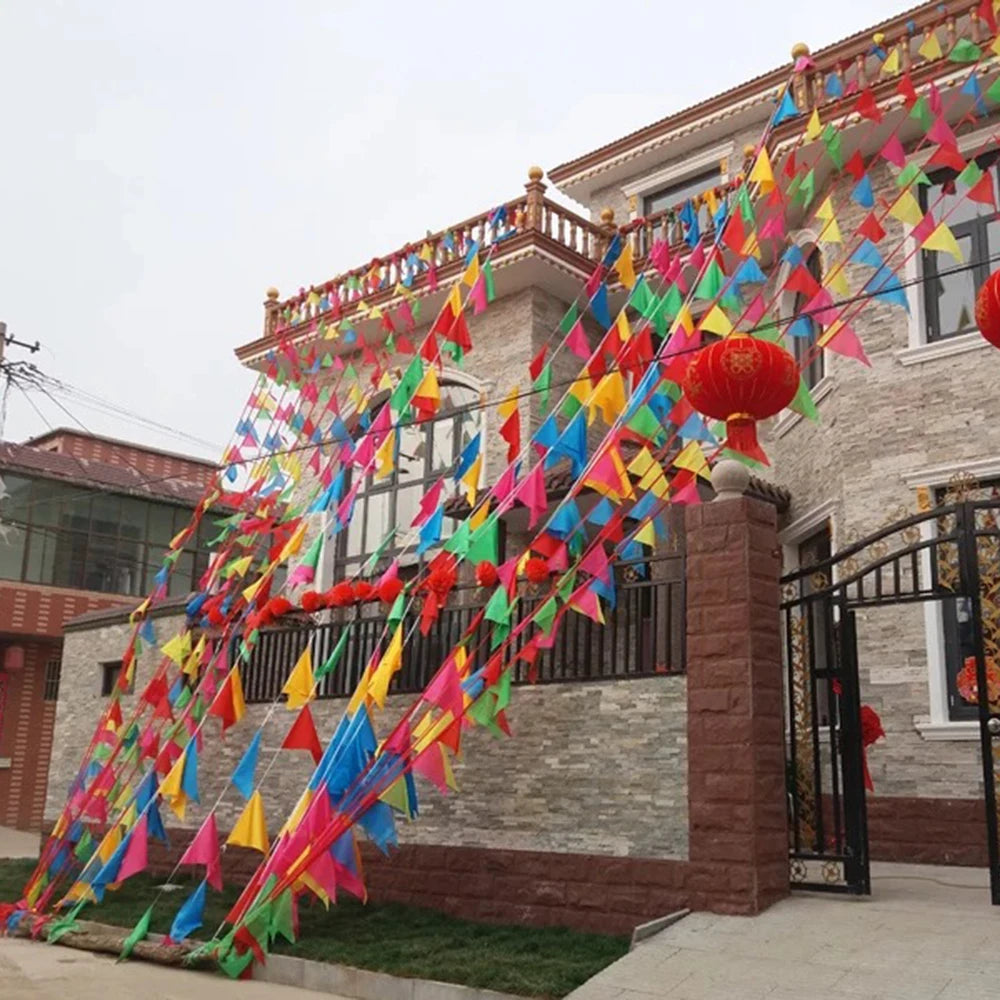 100PCS Colorful Flags Triangular String Flags, Outdoor Opening Festival Celebration, Wedding Thickened Rope Party Qme