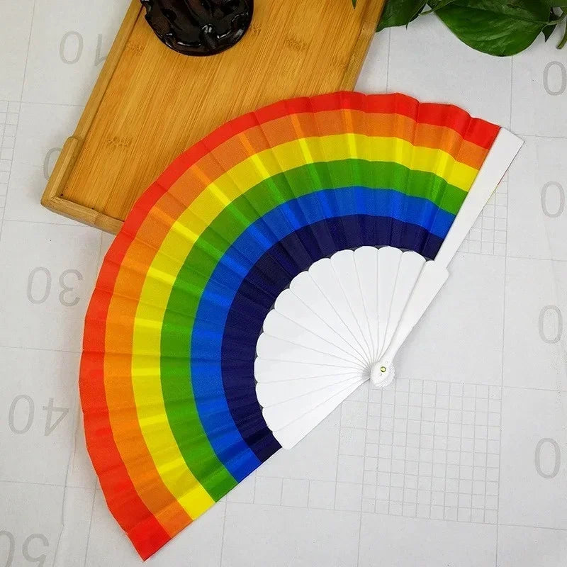 Plastic Hand Crank Fan Foldable Oriental Rainbow Silk Fabric Pocket Qme