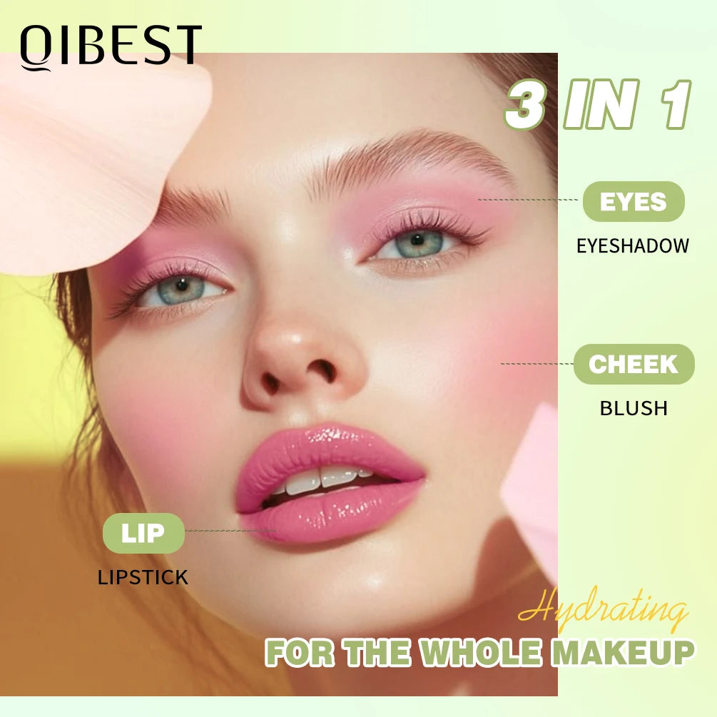 QIBEST 3 Colors Jelly Blush Stick Lip Balm Eyes 3-in-1 Multi-Use Matte Blush Moisturize Brighten Lipstick Watercolor Cosmetics Qme