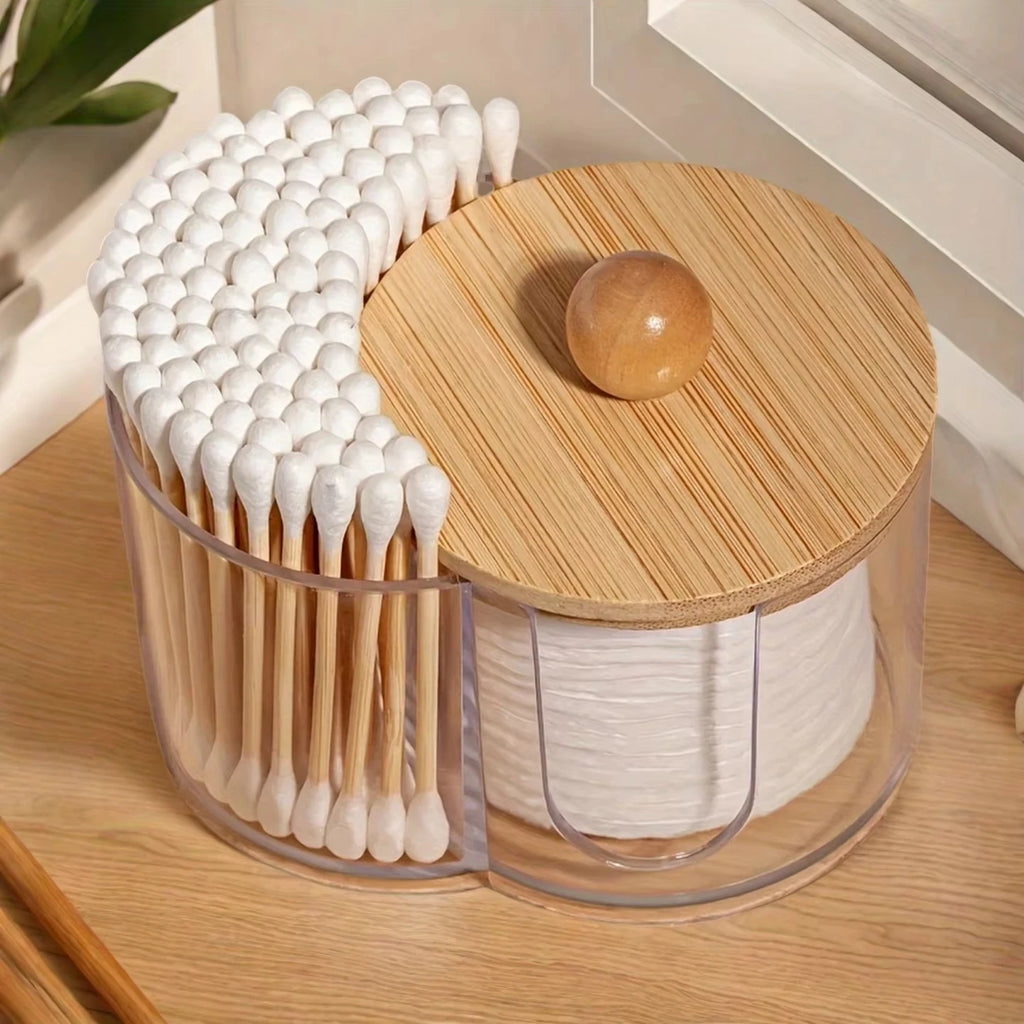 Holder with Dual Compartments - Clear Cotton Swab and Cotton Balls Organizer - Transparent Bathroom Storage Container for Makeup Qme