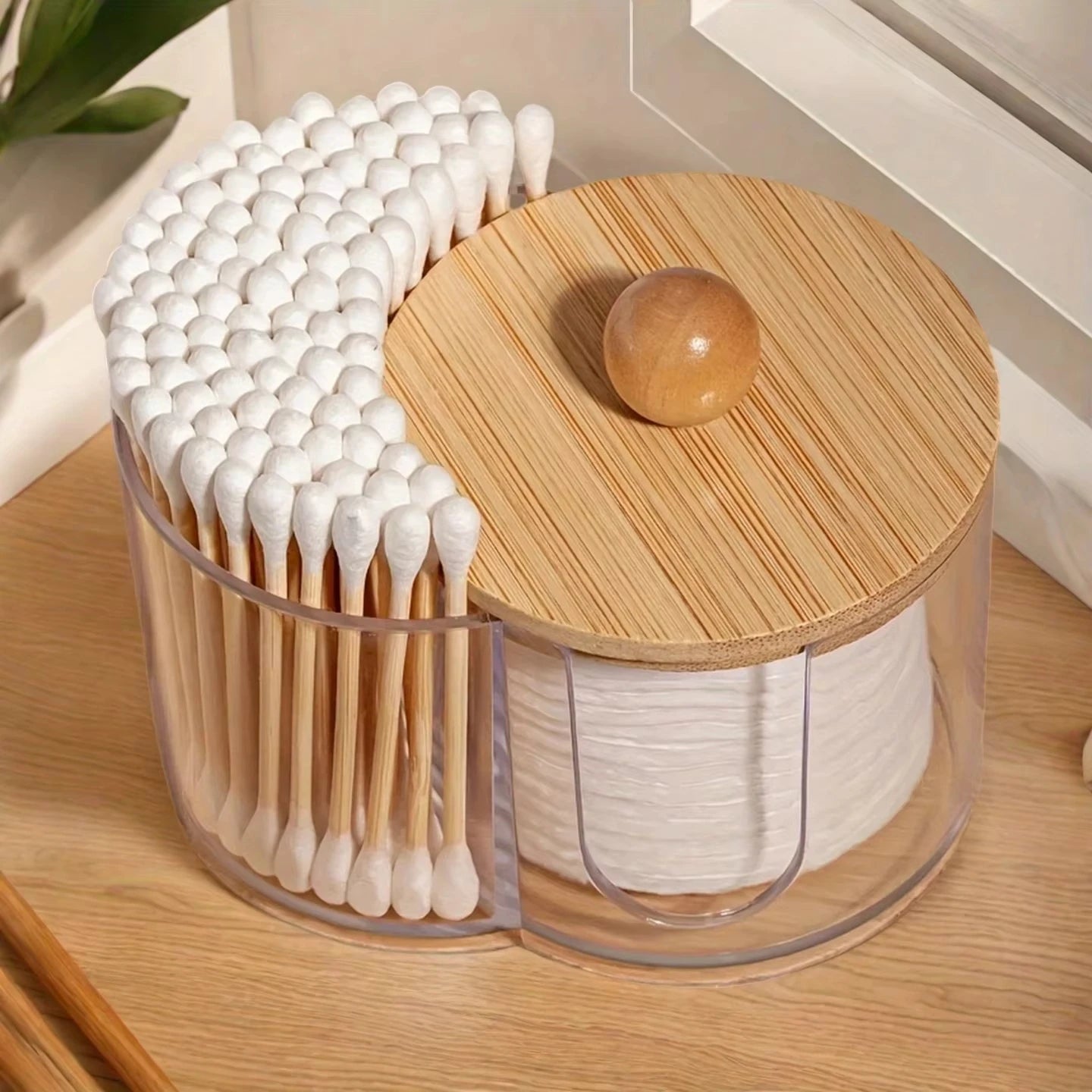 Holder with Dual Compartments - Clear Cotton Swab and Cotton Balls Organizer - Transparent Bathroom Storage Container for Makeup Qme