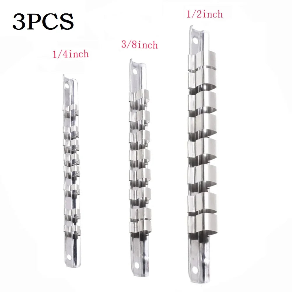 1/3Pcs 1/4" Or 3/8" Or 1/2" Socket Rack Holders With 8 Clips On Rail Tool 150/190/260mm Wall-mounted Iron Organizer Storage Qme 3PCS