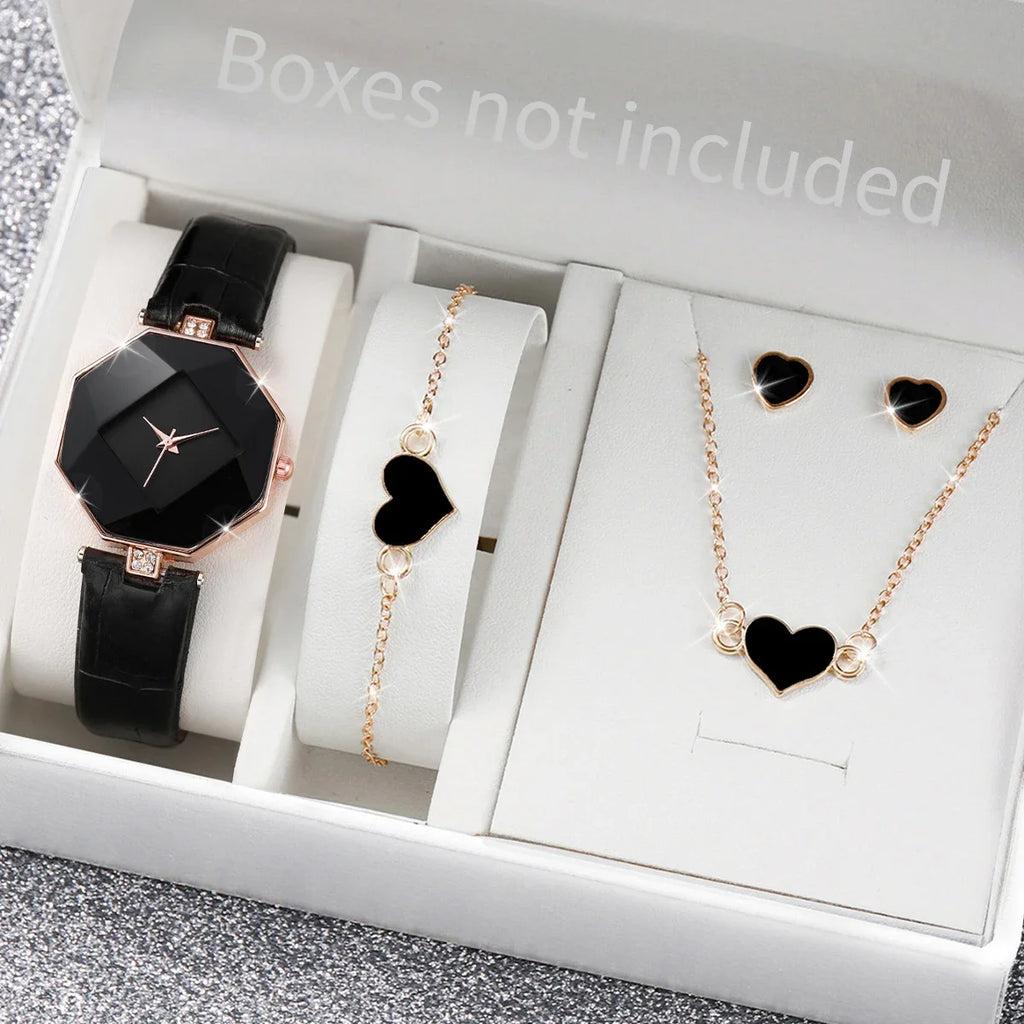 5 Pçs/set Relógio Feminino Moda Pulseira de Couro Analógico Relógios de Quartzo Conjunto de Jóias de Coração (Sem Caixa) Qme black
