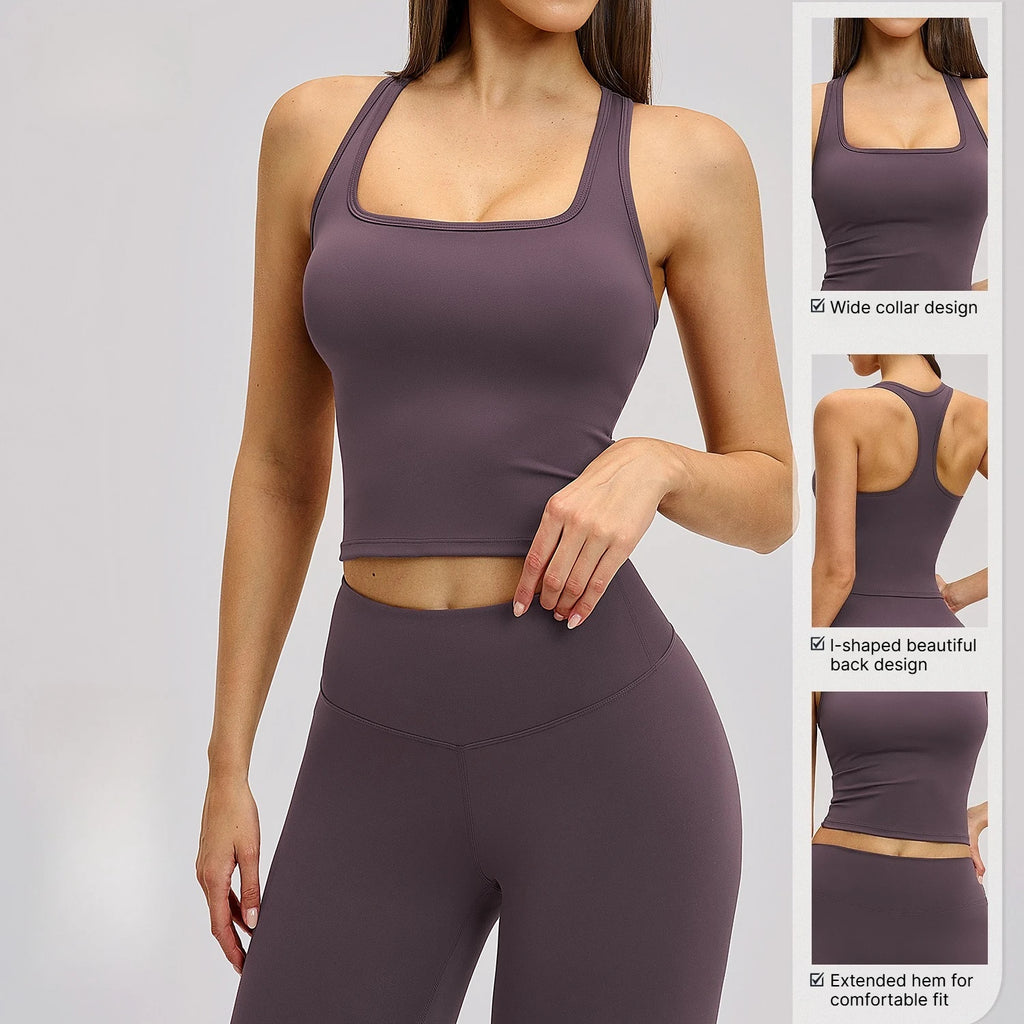 A Yoga Vest Seamless Running Top Tank Top Short Sleeve I-shape Backless Gym Workout Top Solid Color Nylon Fitness Top Qme