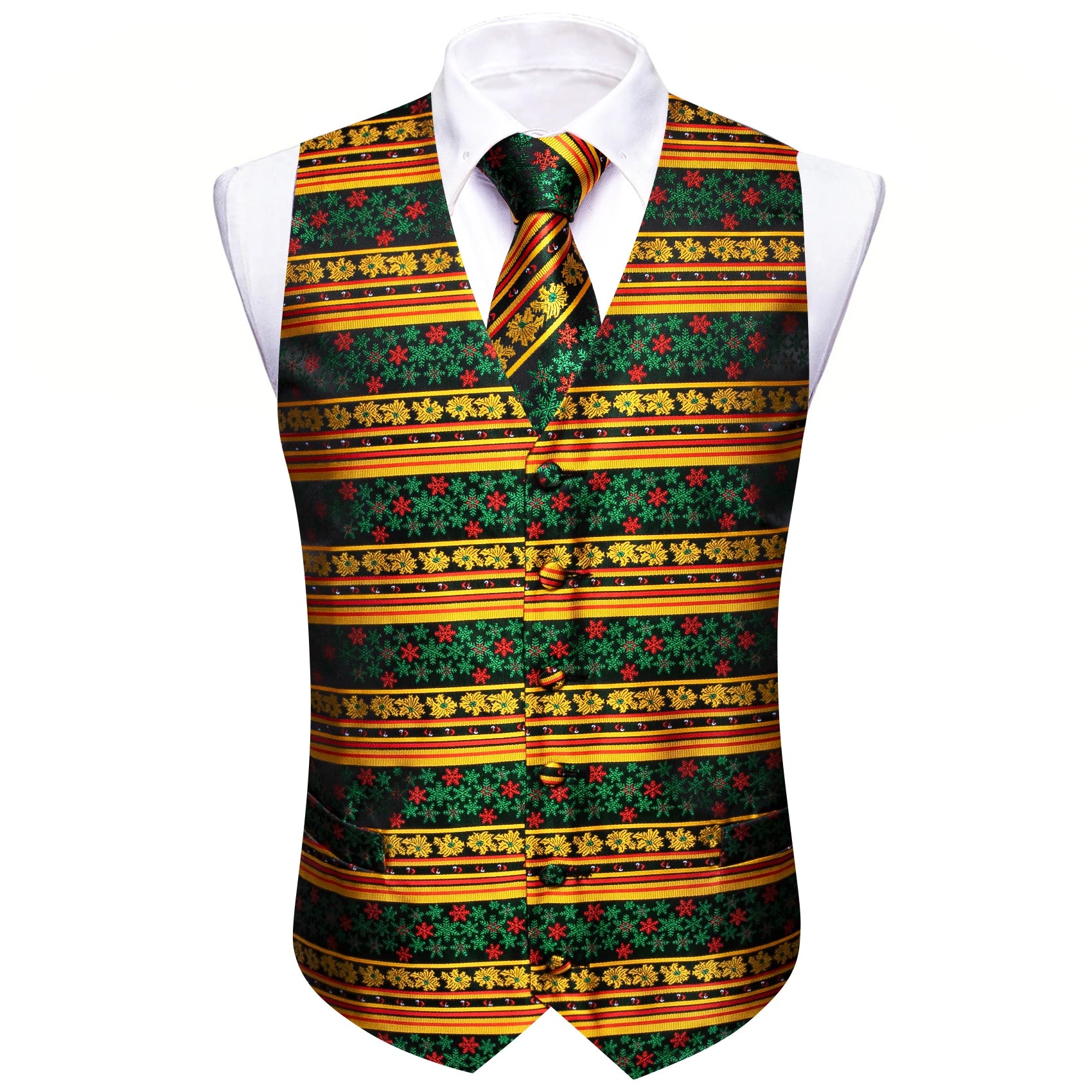 Christmas Colorful Men Vest Tie Pocket Square Cufflinks Set 4 Pieces Xmas Wedding Party Suit Accessories Gifts for Dad Boyfriend Qme BW-MJTZ0033 XXL
