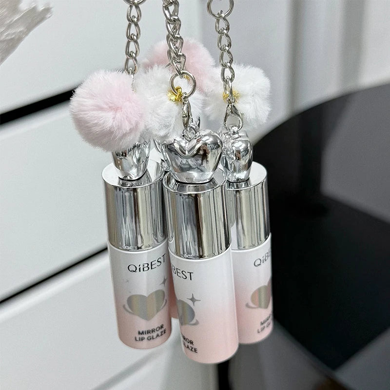 Heart Shape Pom-poms Water Light Lip Llaze Mirror Pendant Lipstick Qme