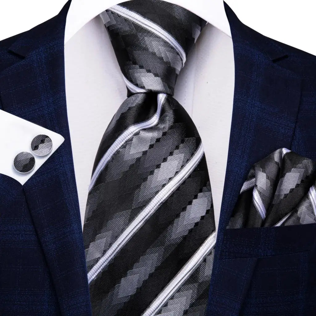 Hi-tie Striped Black White Silk Elegant Tie Men Groom Wedding Necktie