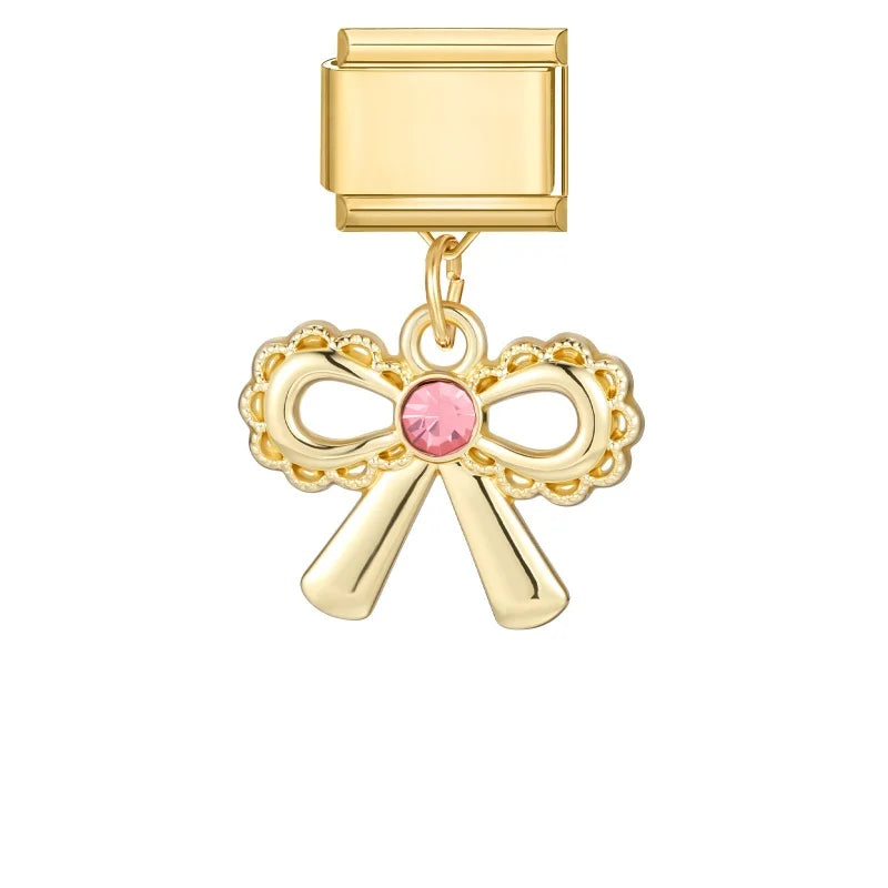Fashion Flowers Rose Zircon Bowknot Butterfly Golden Italian Charm