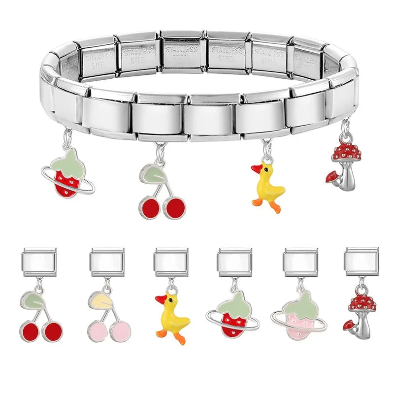 Wholesale Y2K Cute Yellow Duck PendantRed Mushroom Italian Charm Links Stainless Steel Fit 9mm Bracelet Jewelry DIY Making Gifts Qme