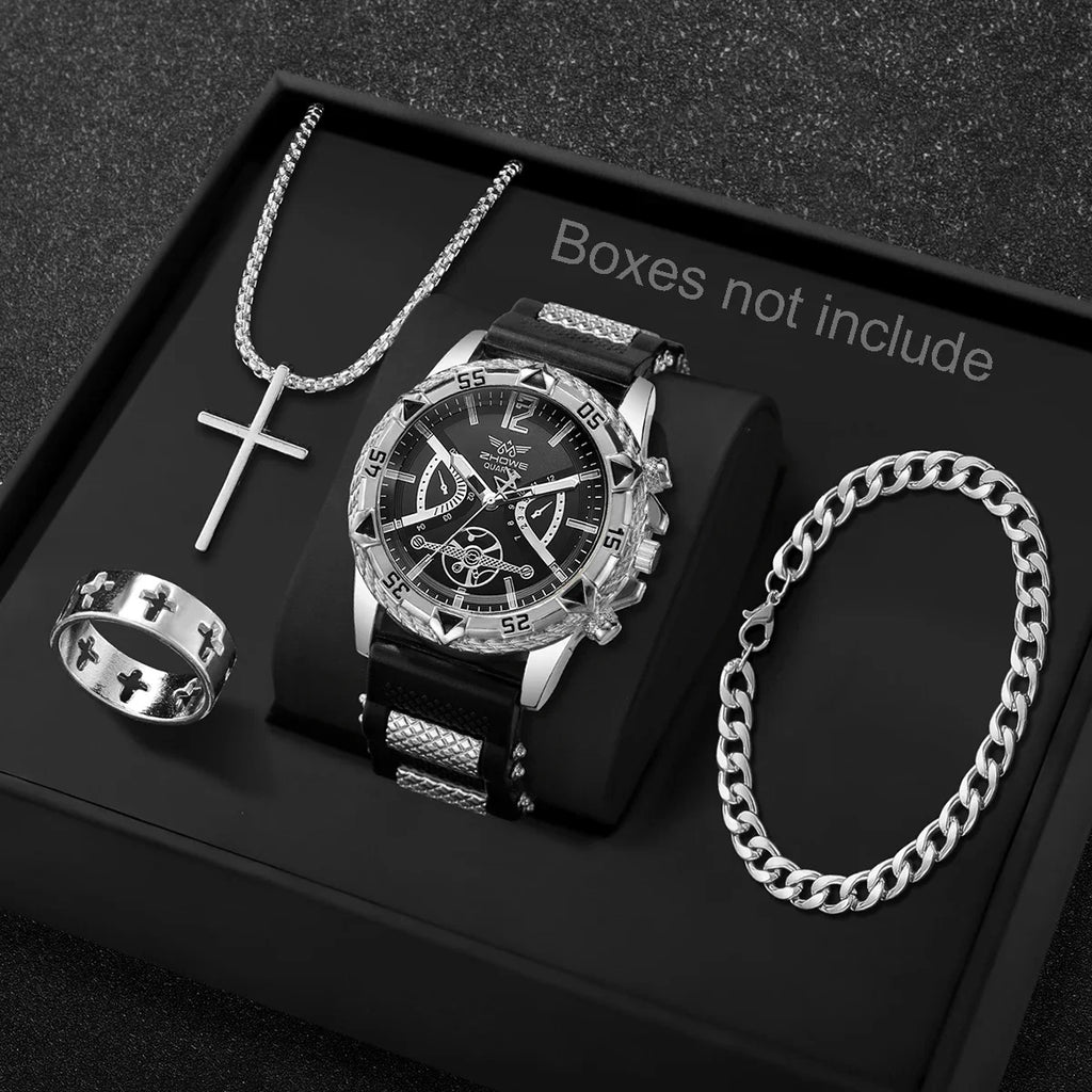 Luxury Sport Men Quartz Watch Jewelry Kit, Hollow Dial Gold Accent Wristwatch Matching Cross Jewelry Present for Boys Qme