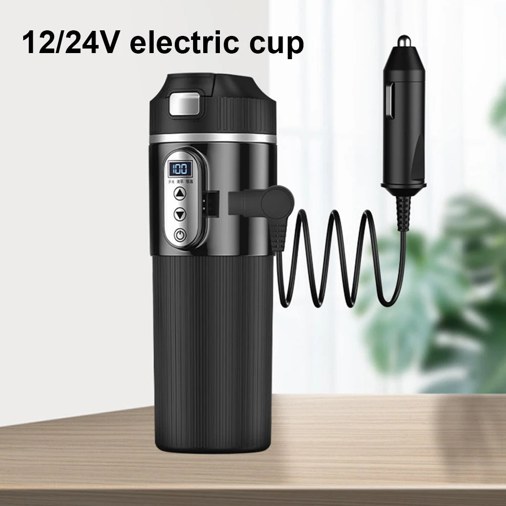 12V/24V 500ml Stainless Steel Car Heating Cup Smart Temperature Control Electric Kettle Stainless Steel Cup Water Warmer Bottle Qme