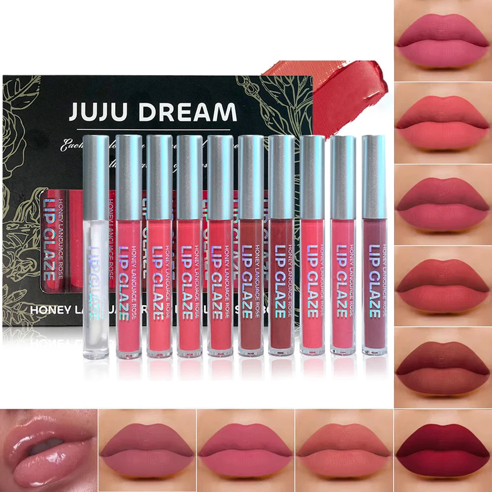 10 pcs/set Nude Lip Gloss Matte Velvet Lipstick - Matte Finish & Long-Lasting，Velvet Lip Gloss Gift Box, Halloween Stage Makeup Qme