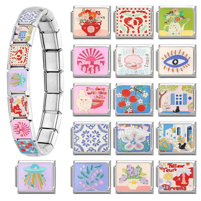 2026 Y2K Colorful Glaze Cute Street Scene Cat Italian Charm Link fit 9mm Stainless Steel Jewelry DIY Making Bracelets For Gifts Qme