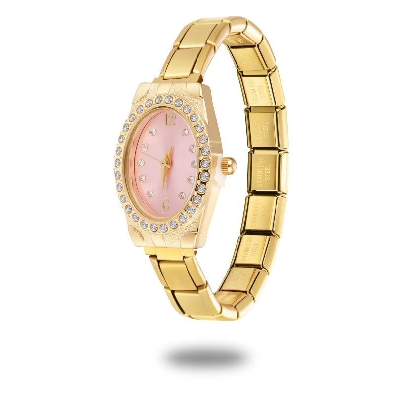 New2026 Vintage High Quality Oval Inlaid Zircon Stainless Steel Watch Bracelet Women's 9MM DIY Italian Charm Bangle Jewelry Gift Qme Style 14