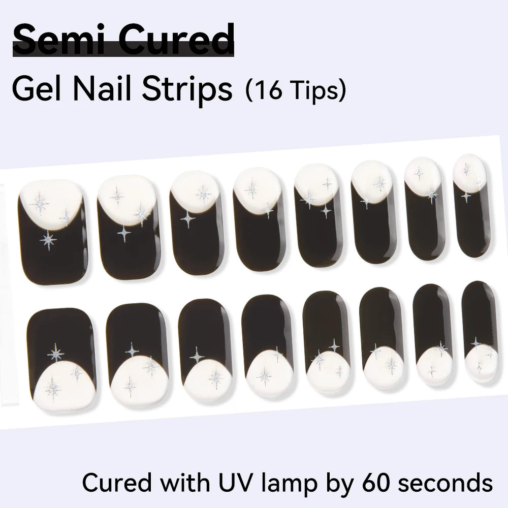16Tips Semi-cured Gel Nail Sticker Colorful French Glitter UV LED Qme NF240163