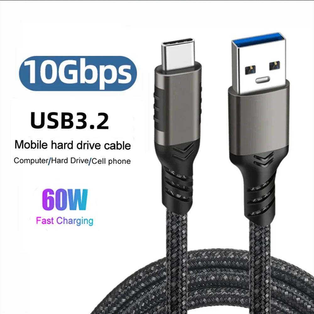 USB3.2 Gen1 Type-C Data Cable 60W 3A Fast Charging 10Gbps High Speed Transfer Braided Cord Aluminum Shell for Phone SSD 0.5m 1m Qme