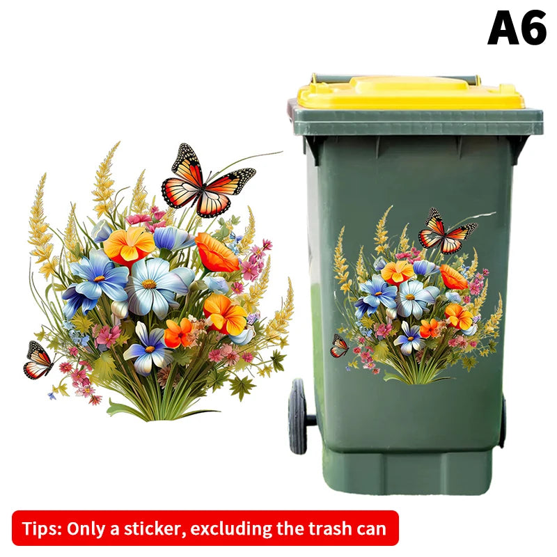 Trash Can Stickers Floral Wheel Self-adhesive Waterproof PVC Decals Qme A6