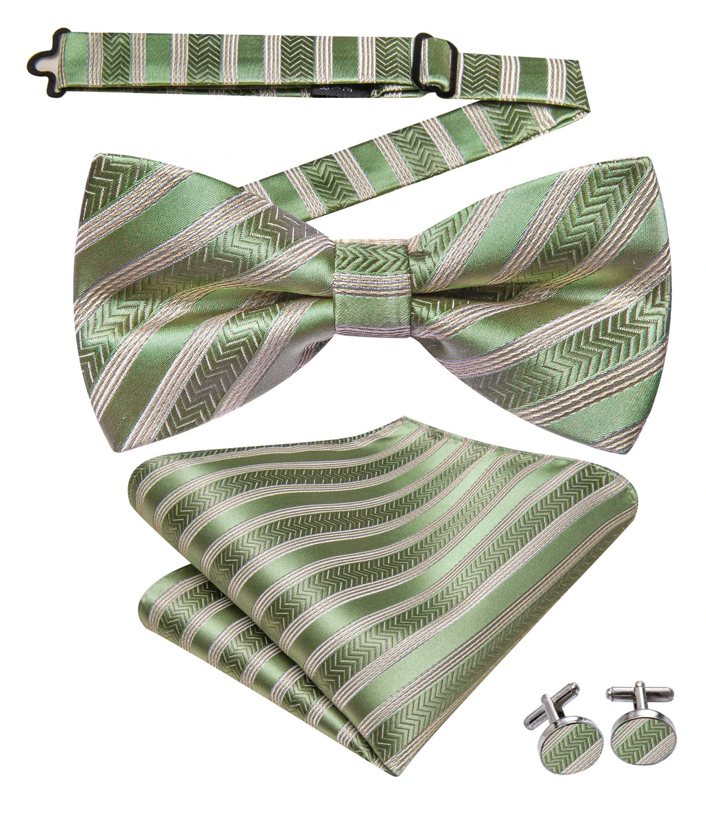 Hi-Tie Pea Green Silk Mens Striped Pre-tied Bow Tie Hanky Cufflinks Set Butterfly Knot Bowtie for Male Wedding Business Qme