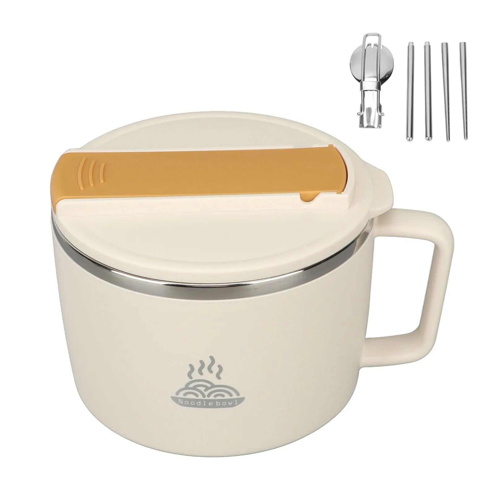 1200ml Stainless Steel Ramen Bowl with Lid Chopsticks Spork Portable Noodle Cup 304 Steel Food Container for Office School Qme WHITE