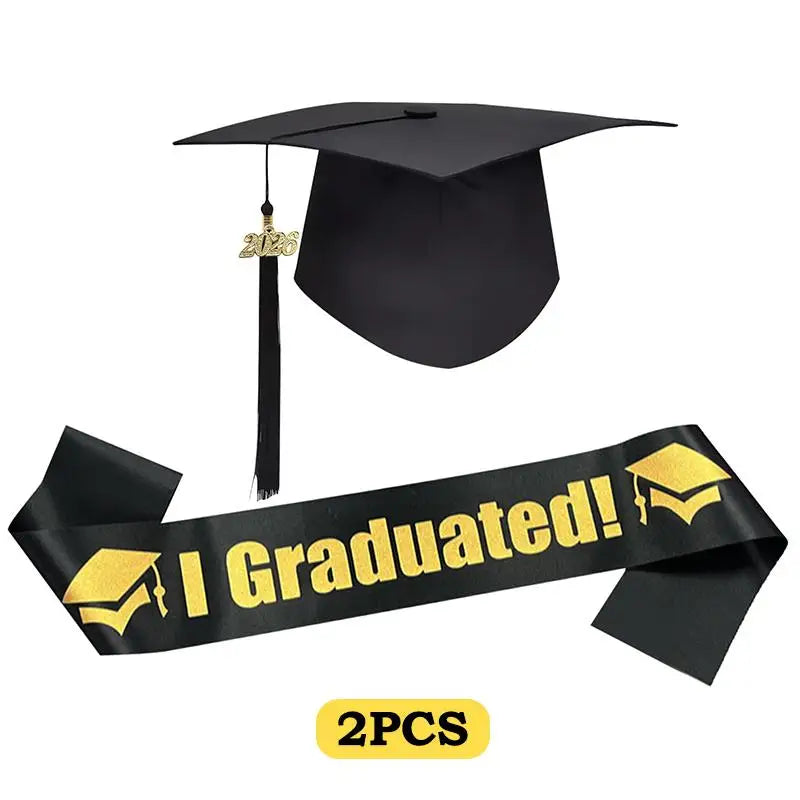 Class Of 2026 Black Golden Satin Sash Bachelor Cap With Tassel Graduation Shoulder Strap Congrats Grad Party Photo Props Qme A1