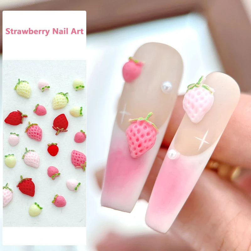 Sweet Strawberry Nail Charms 3D Resin Cartoon Fruits Rhinestones Qme