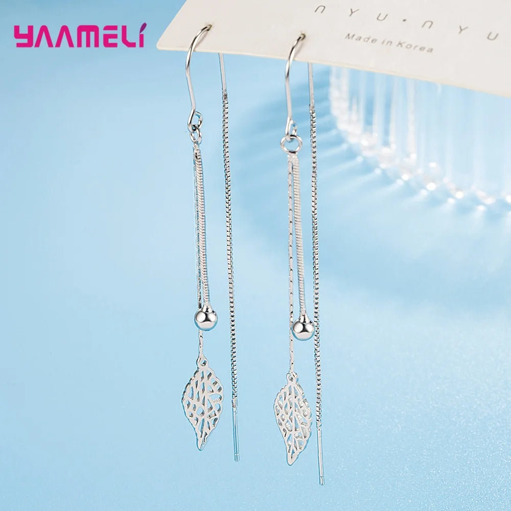 Fashion Jewelry 925 Sterling Silver Color Earrings Simple Leaf Tassel Long Box Chain Thread Pendientes Ear Decoration Ornaments Qme