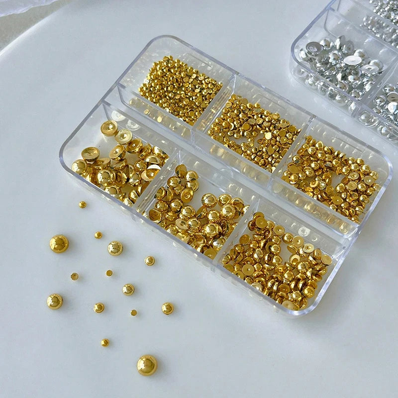 6 Grids 3d Gold Silver Half Round Ball Charm Nail Art Studs Metal Rivets Nail Art Decorations For Manicure Nails Qme
