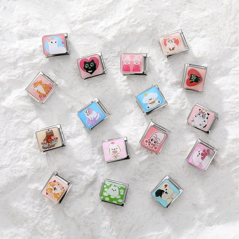 New Cute Colored Love Heart Cat Italian Charm Fit 9mm Stainless Steel Women DIY Bracelet Drop Shipping Fashion Jewelry Wholesale Qme