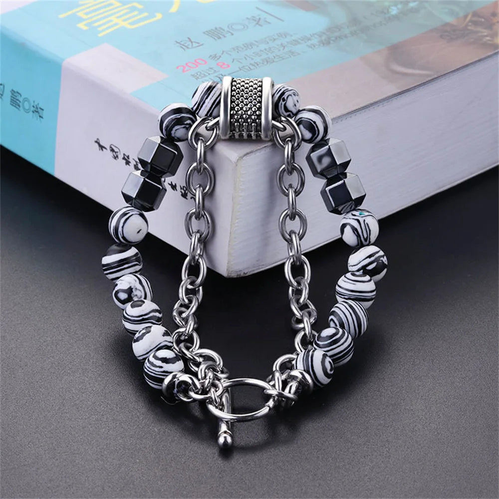 New Cool Fashion Peacock Stone Black Gallstone Metal Bead Bracelet Hip Hop Punk Daily Matching Jewelry Trend Accessories Qme