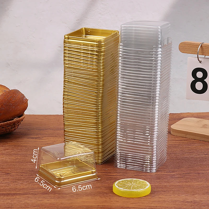 50Pcs Dessert Egg-Yolk-Puff BoxTransparent Square Plastic Muffin Packaging Boxes Moon Cake Container Baking Food Packing Qme 80g Gold