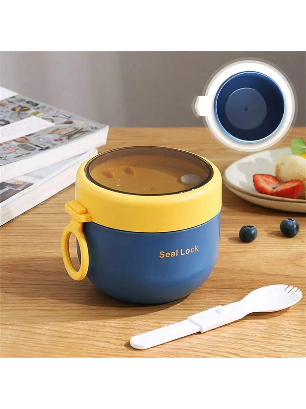 Soup Cup Breakfast Bowl Milk Portable Can Student Work Fresh-keeping Qme blue