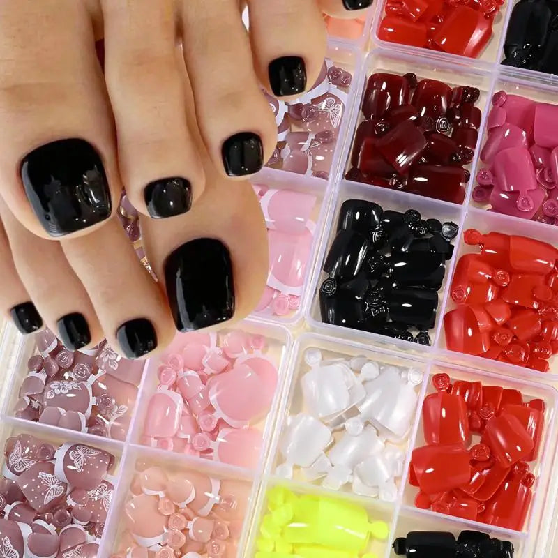4 Grid Short Square False Toenail Tips Full Cover Artificial Fake Qme