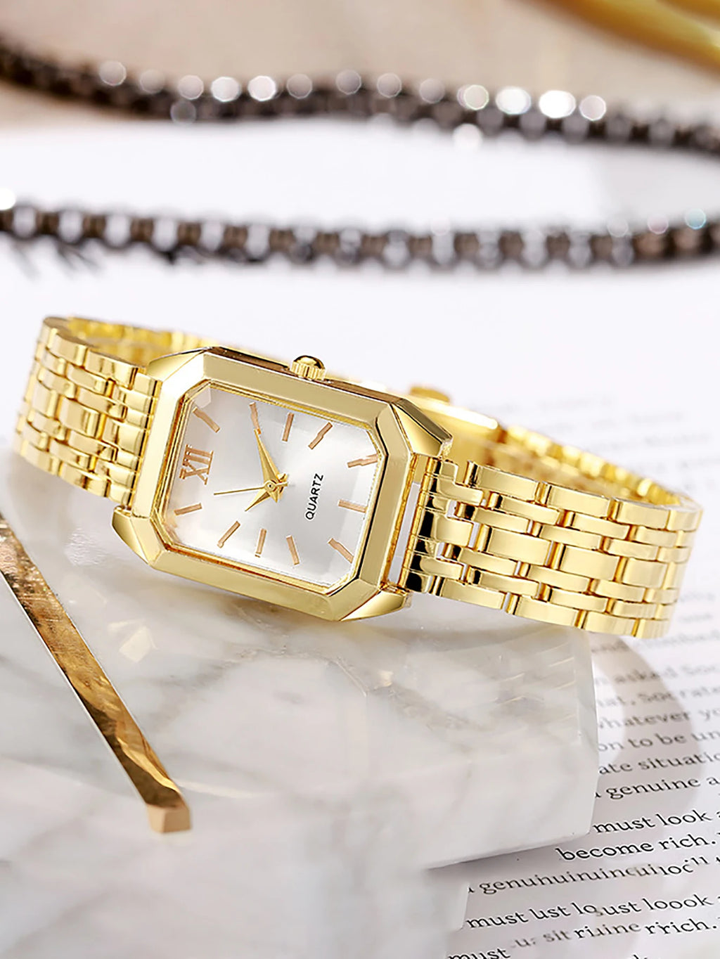 Ladies Quartz Watch Bracelet Set Square Steel Band Minimalist Design Birthday Gift Compact Jewelry Kit without Box Qme