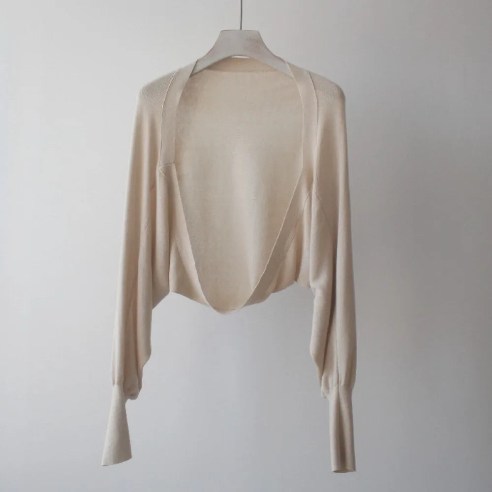 French Summer Thin Knit Shawl Solid Color Long Sleeve Ice Silk Shawl Casual Wraps Sunscreen Coat Female Qme Apricot