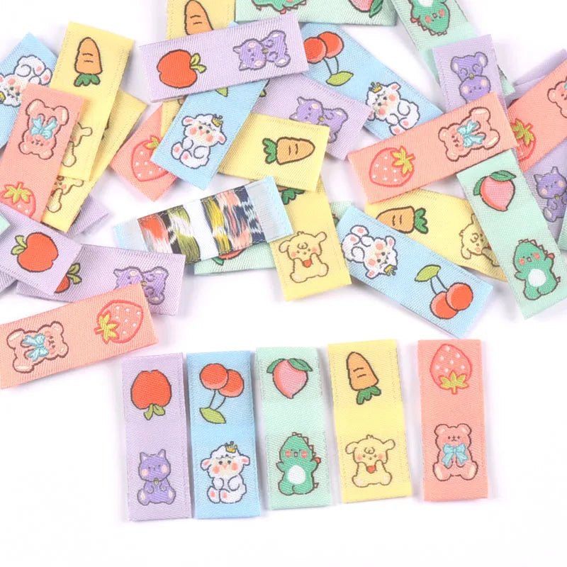 50Pcs Colorful Mixed Animal Fruit Embroidery Colth Labels Kid Garment Washable Care Tags Sewing Accessories Crafts DIY Supplies Qme