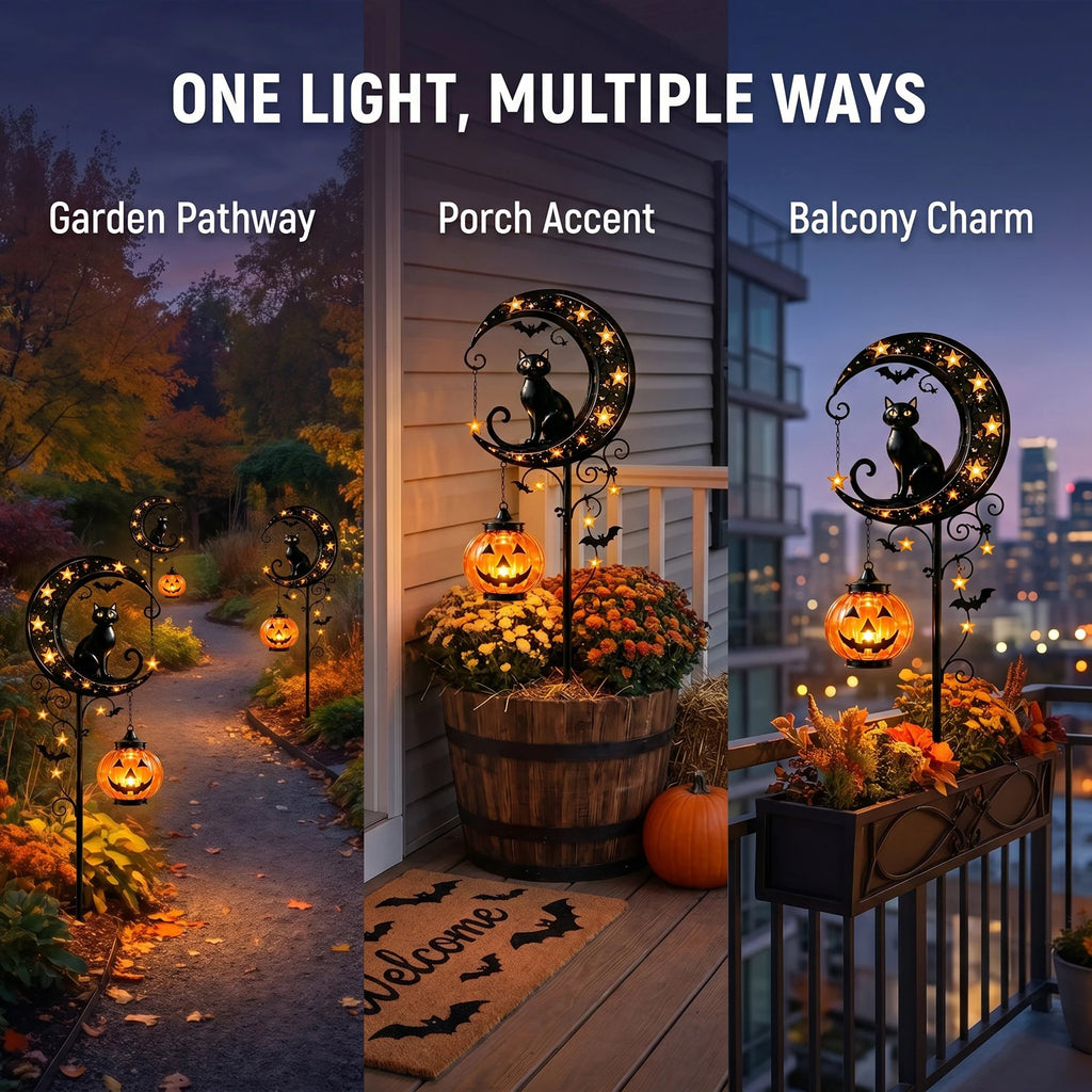 Iron Black Cat Moon Ground Lamp Waterproof Solar-Powered Garden Light with Auto On/Off Solar Garden Lights for Yard/Patio Decor Qme