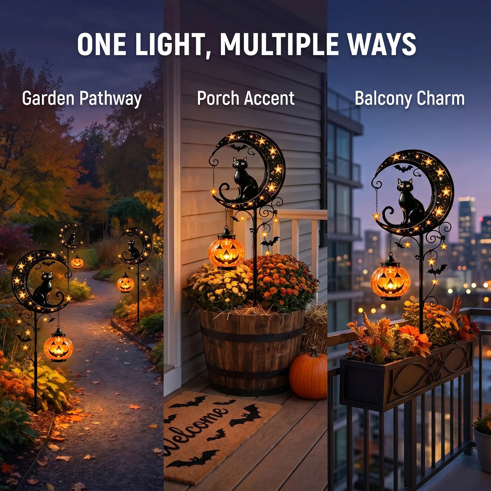 Iron Black Cat Moon Ground Lamp Waterproof Solar-Powered Garden Light with Auto On/Off Solar Garden Lights for Yard/Patio Decor Qme