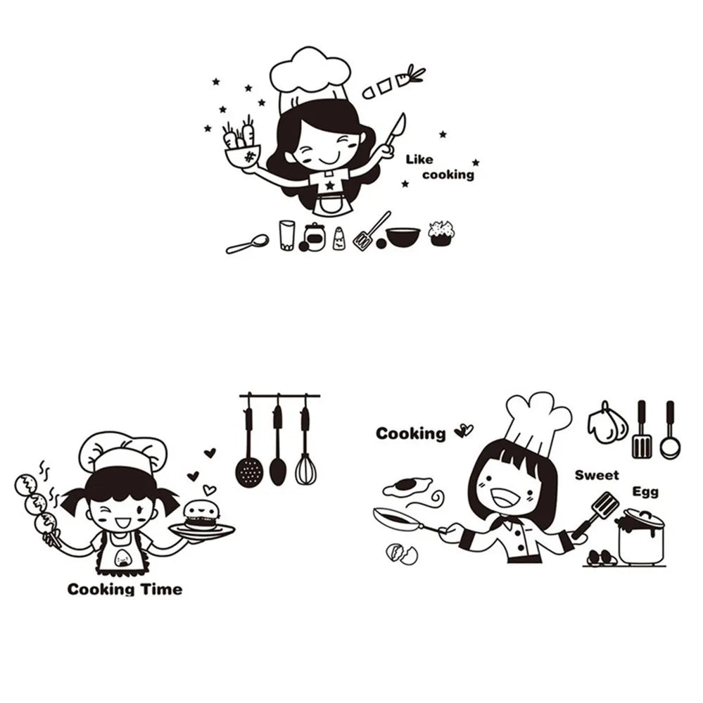 Happy Girl Chef Loves Cooking Wall Sticker Restaurant Bar Kitchen Dining Room Fridge Light Switch Decal DIY Art Home Decor Qme
