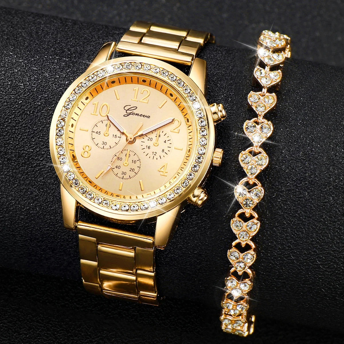 2PCS Women's Watch Fashion Rhinestone Ladies Analog Quartz Watches Bracelet Set Reloj Mujer Girls Clock Gift Qme