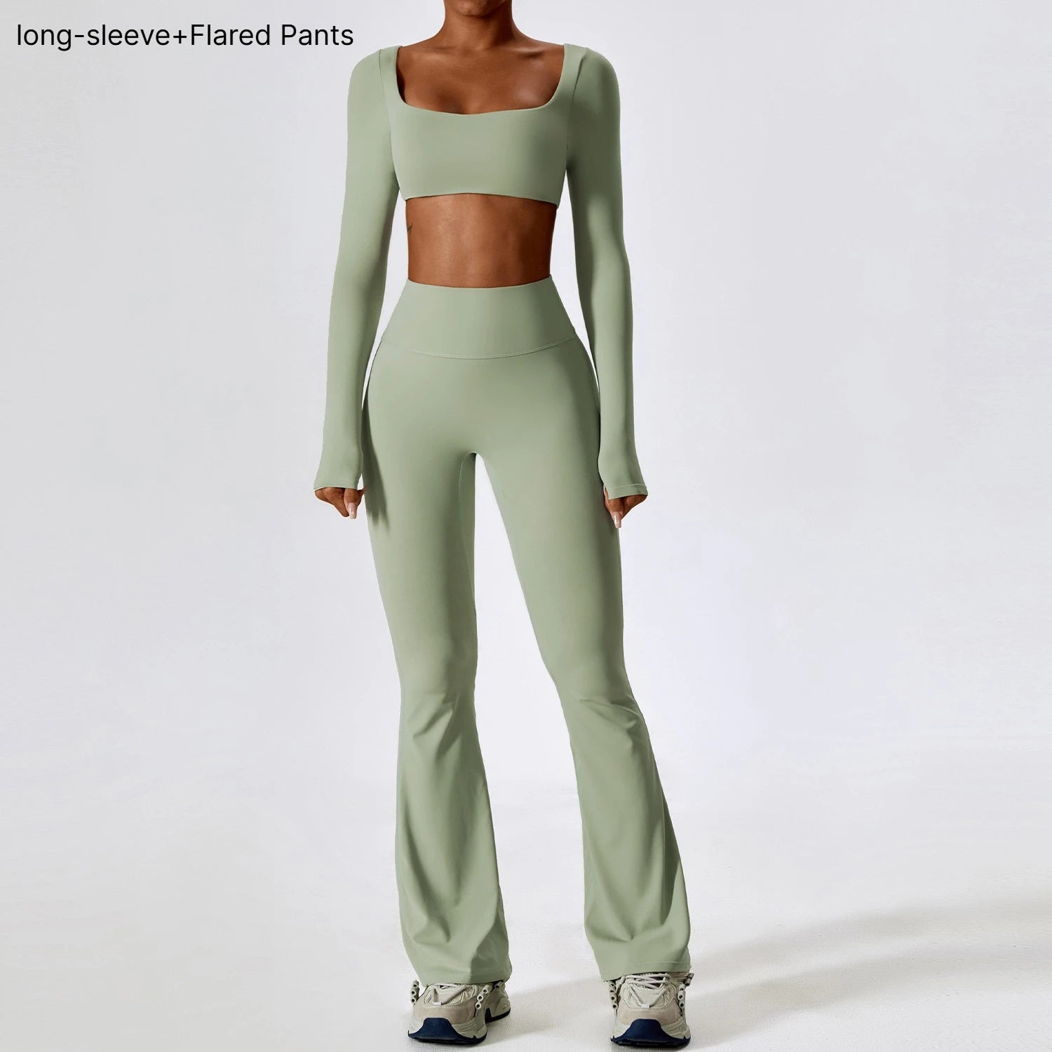B 2PCS Yoga Suit Sports Set Women Quick-Dry Gym Set Women Tracksuit Running Workout Long Sleeve Sports Shirt Yoga Clothing Qme Top pants Green S