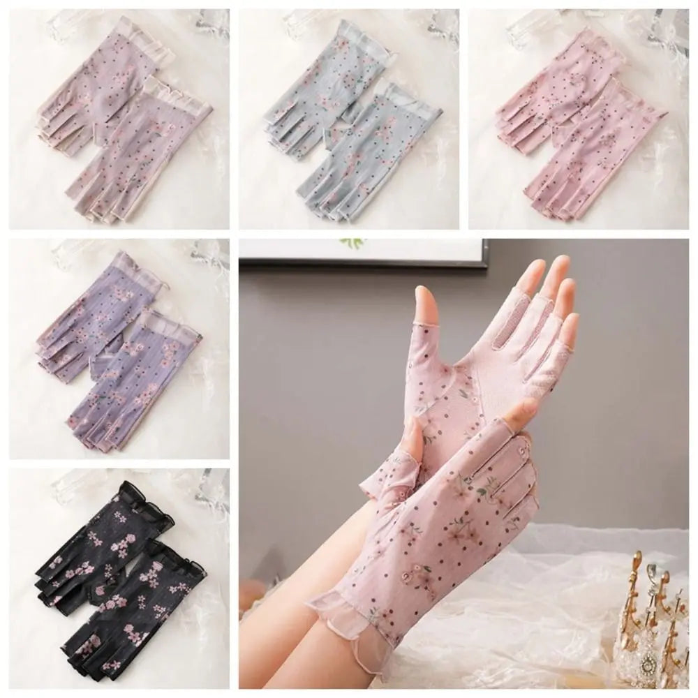 1 Pair Breathable Sunscreen Half-finger Gloves Silicone Anti Slip Thin Lace Mesh Gloves Sun Protection Quick Dry Qme