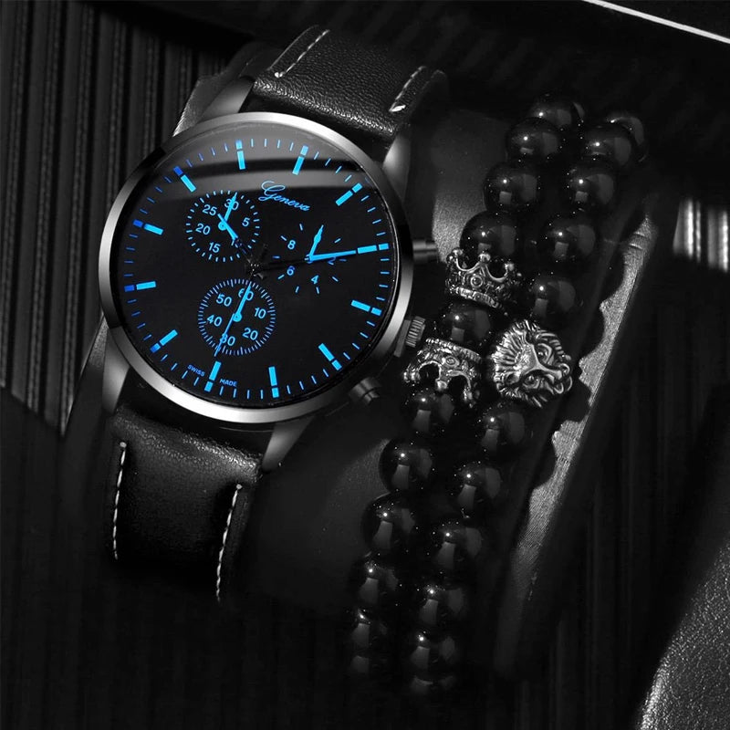 GENEVA Three-Hand Chronograph Men's Watch Business Black Leather Quartz Watch + Woven Bracelet Bullet Necklace Two-Piece Set Qme H Set No Box