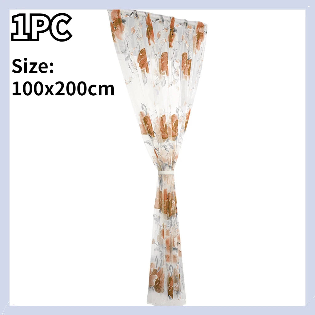 1/2 PCS Vines Leaves Tulle Door Window Curtain Drape Panel Sheer Scarf Valances Colorful Floral Pattern Transparent Curtains Qme Coffee 2