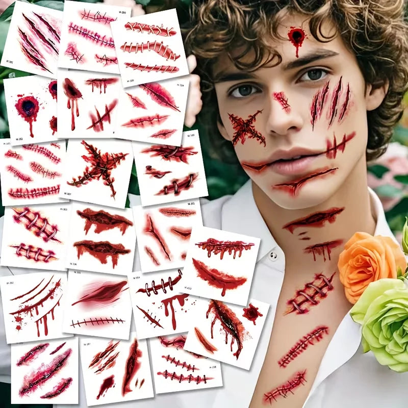 20 Sheets 3D Realistic Scar Tattoos Waterproof Fake Bloody Wound Qme