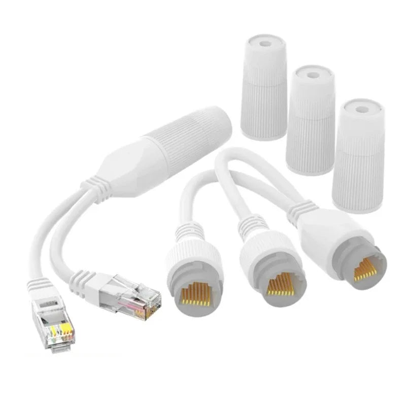 2PCS Waterproof Ethernet Splitter 1 to 2 Adapter Simultaneous Internet POE Monitoring Tandem Power Supply Qme
